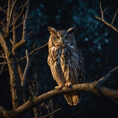 Fototapeta premium An owl perched on a tree branch at night.
