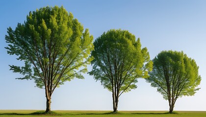 Obraz premium Three Lush Green Trees on a Serene Landscape Under a Clear Blue Sky: A Peaceful Pastoral Scene