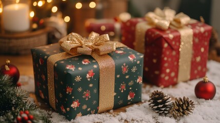 Two Christmas presents with gold bows on them sit on a table. Generative AI