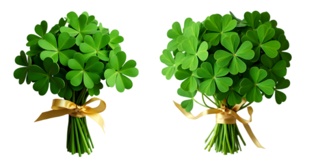 Green Shamrock Bouquets Tied with Gold Ribbon Symbolizing Luck and St. Patrick's Day isolated on a white background