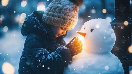 Obraz premium Kind beim Bauen eines Schneemanns im Winter