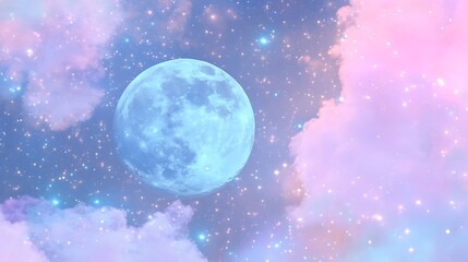 Obraz premium A Beautiful Night Sky with a Glowing Blue Moon and Colorful Clouds Filled with Stars