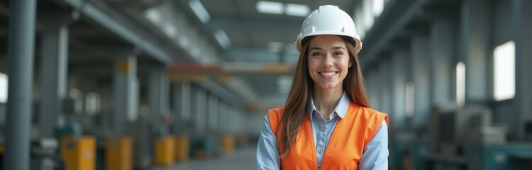Smiling Female Engineer in Hard Hat and Safety Vest, Industrial Factory Background, Construction Site Portrait