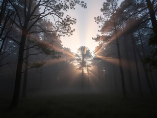 Misty dawn breaks through the forest canopy, dew drops, stillness