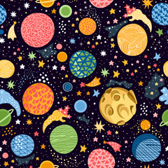 Seamless pattern with various colorful planets, stars and comets