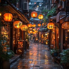 Fototapeta premium A serene alleyway adorned with glowing lanterns, creating a warm, inviting atmosphere.