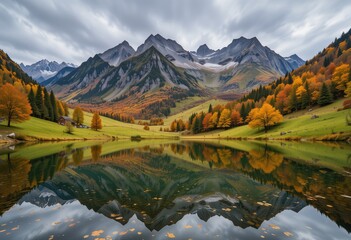 Obraz premium Scenic autumn lake in the mountains with reflections of forest, clouds, and peaks