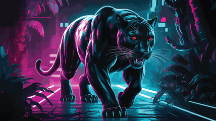 black panther on the road and follows the jungle and city art Digital lion art illustration image