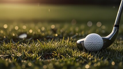 A golf ball is on the ground next to a golf club. Concept of relaxation and leisure, as golf is often played in a peaceful outdoor setting