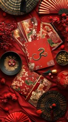 Fototapeta premium Luxurious Red Chinese New Year Decor Snake Flowers Fans Books