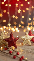 Blurry stars red and gold glitter lights background. for Christmas and Valentine -