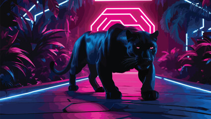 black panther on the road and follows the jungle and city art Digital lion art illustration image