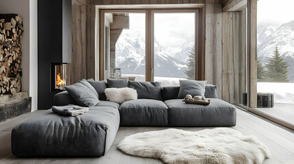 Obraz premium Cozy modern living room with stunning mountain view stylish interior design winter atmosphere natural light comfort concept