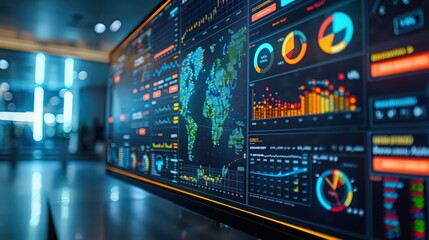 Obraz premium Office Conference Room Meeting Presentation Featuring a Latin Businessman Using Wall TV to Showcase Company Growth with Big Data, Charts, and Infographics