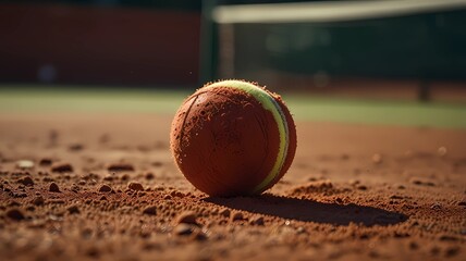 A tennis ball is sitting on a dirt court. The ball is red and yellow