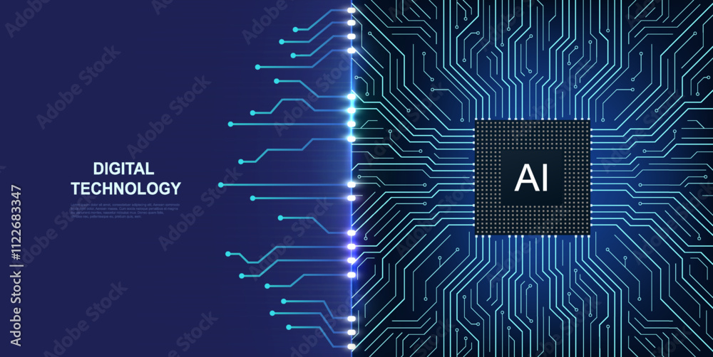 Poster artificial intelligence chip with glowing lines. innovative machine learning concept. technology bac