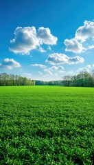 Naklejka premium A serene landscape featuring lush green fields under a bright blue sky with fluffy clouds.