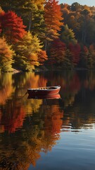 A red boat sits in a lake surrounded by trees with leaves that are changing colors. The scene is peaceful and serene, with the boat reflecting the beauty of the autumn landscape