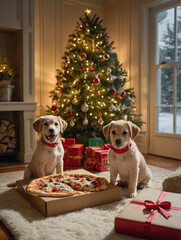 Photo of two adorable puppies next to a pizza box and Christmas presents with a glowing Christmas tree in the background