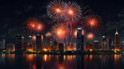 A city skyline is lit up with fireworks, creating a festive and lively atmosphere. The fireworks are scattered throughout the sky, with some closer to the foreground and others further away