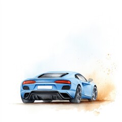 Naklejka premium A sleek blue sports car is depicted from the rear, surrounded by splashes of colors, making it ideal for automotive websites, promotional materials, or art prints