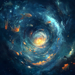 Cosmic journey of goldfish through a celestial vortex outer space digital art mystical environment surreal viewpoint