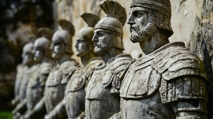 Obraz premium A group of statues of warriors stand in a line