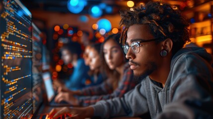 Portrait of a Teacher Giving a Computer Science Lecture to a Diverse Multiethnic Group of Students in a College Classroom