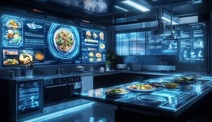 Obraz premium A futuristic kitchen with holographic screens displaying images of healthy food items