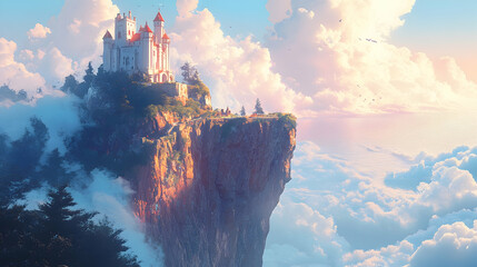 Fototapeta premium Majestic castle on a cliff enchanted landscape fantasy art dreamy clouds aerial view mystical realm exploration