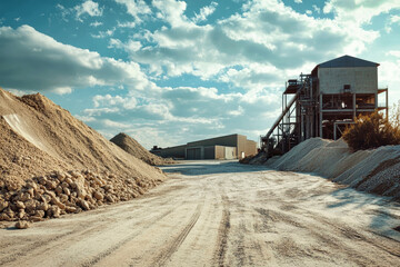 Obraz premium Industrial sand and gravel production with factory and large stone piles under a blue sky with clouds