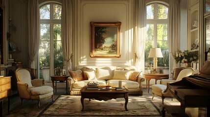Fototapeta premium Elegant living room design cozy home interior photography sunlit ambiance wide angle modern comfort