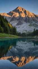 Fototapeta premium Scenic Lake and Mountain Reflection Wallpaper in Nature's Wilderness