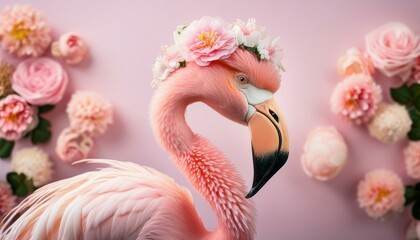 Naklejka premium Abstract gentle portrait of a light pink flamingo with a hairstyle of fresh, pastel pink flowers. Illustrated animal creative concept