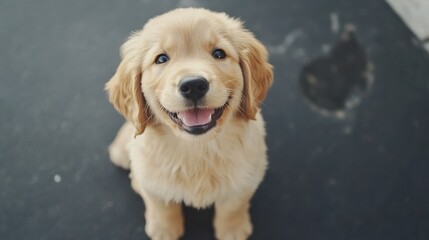 A happy golden retriever puppy sitting in a beautiful pose, showcasing its adorable features and playful spirit