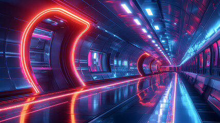 Futuristic neon tunnel design urban environment 3d digital art high-tech aesthetics cyberpunk vibe interior perspective