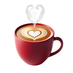 A cup of hot coffee in a red cappuccino mug with love-shaped latte art and evaporating smoke on clear background, cut out