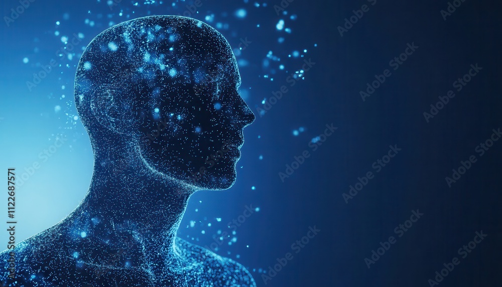 Poster digital human form disintegrating into particles