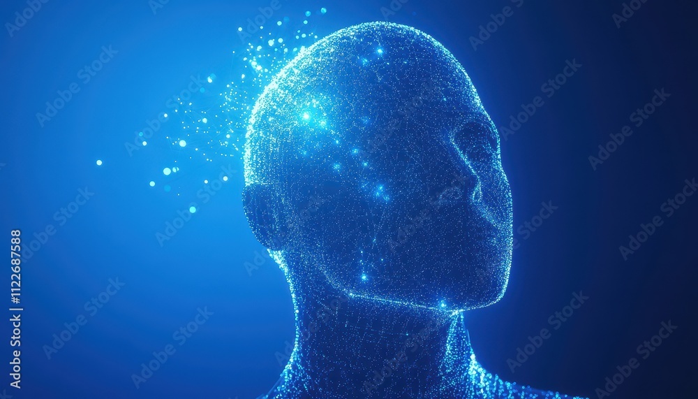 Poster abstract digital human head disintegrating into particles