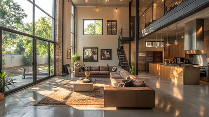 Obraz premium Modern living room design urban residence interior photography bright space wide angle contemporary aesthetics for home decor