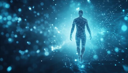 Fototapeta premium Digital Human Walking Through a Network of Light