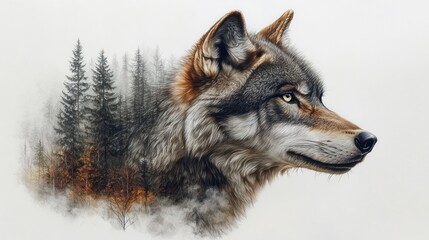 Fototapeta premium Here's a possible and keyword list for your stock photo.. Majestic wolf portrait, forest background.