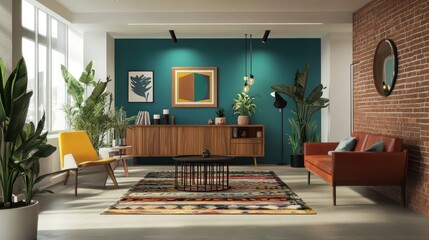 Fototapeta premium Stylish mid-century modern living room with teal wall, wooden furniture, and vibrant rug.