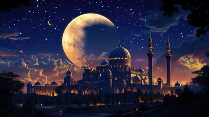 Naklejka premium A huge castle in the Muslim style against the backdrop of a dark sky and a large moon. Fairy tale illustration
