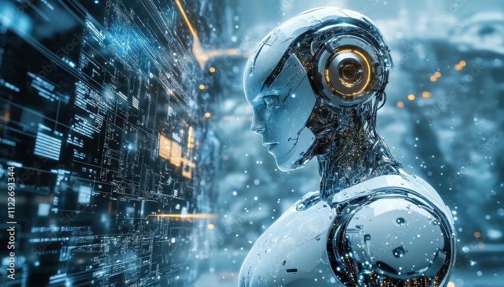 Aufkleber Advanced Robot Interacting With Digital Data Streams