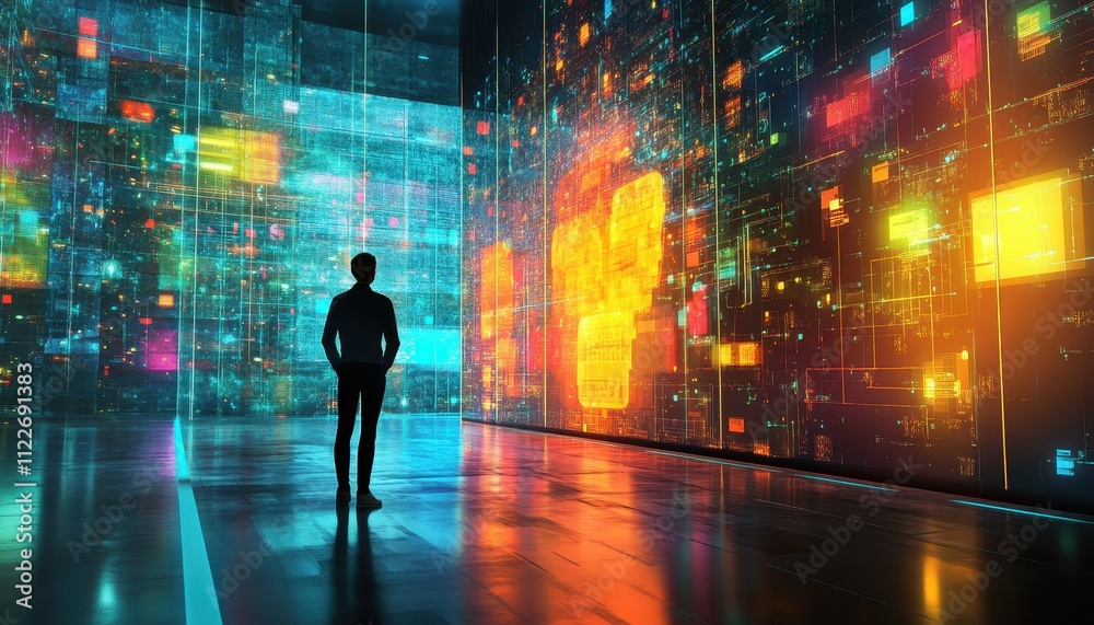 Poster man observing futuristic digital data walls