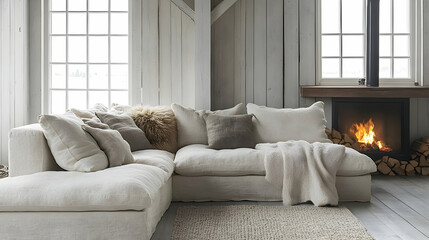 Obraz premium Cozy living room with white sofa and fireplace modern home interior design warm atmosphere inviting space comfort and style