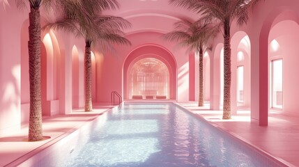 Fototapeta premium A indoor beautiful pool in a minimalist arabic style construction in pink tones with palm trees