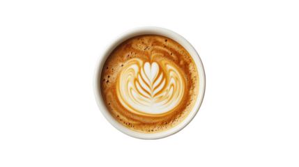 Latte Art Heart, Creamy coffee with intricate heart design, white cup, foamy top, subtle brown and white tones. Isolated on white background or PNG