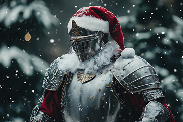 Fototapeta premium A knight in festive attire wearing a Santa hat, surrounded by a snowy environment.